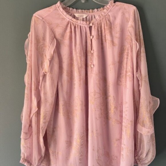 LC Lauren Conrad Blouse 1X Long Sleeve Pink Ruffle Romantic Feminine Cottagecore - Picture 1 of 7